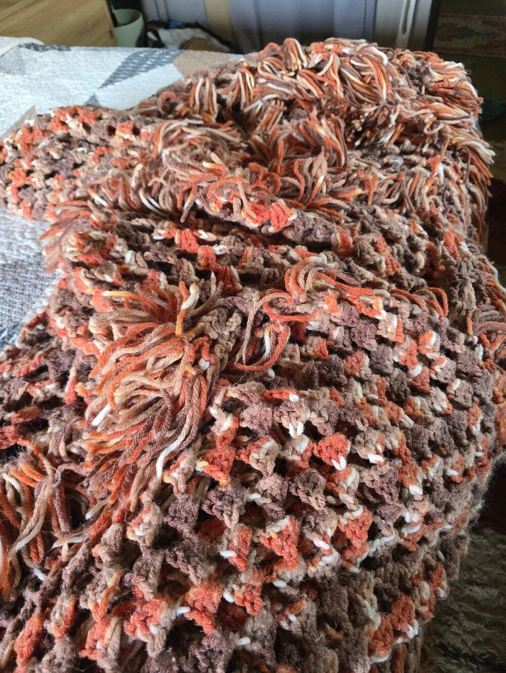 Handmade Rust Orange and Brown Crochet Bedding Blanket King Fringe Boho